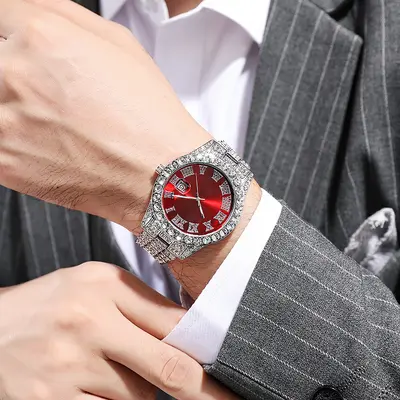 Hiphop Watch European and American Popular Men's Steel Band Hip-hop Roman Scale Diamond Calendar Men's Quartz Watch