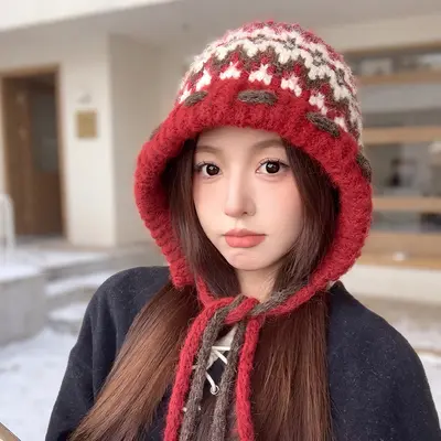 Women's Autumn Winter Jacquard Knit Beanie with Ear Protection, Heat-Retaining - 7