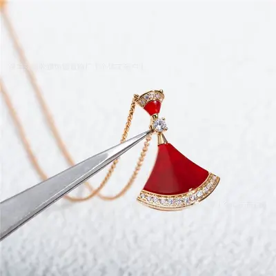 S925 silver V-gold fan necklace with mother of pearl red agate - 7