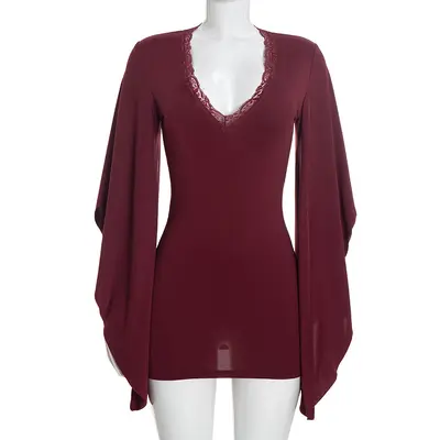 Women's Autumn Dress, Solid Color, Lace-Trim Flare Long Sleeve, Slim Fit - 8
