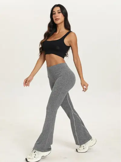 Women's Ribbed Knit Micro Flare Yoga Pants, High Waist, Seamless