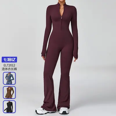 Zipper Long-Sleeve Yoga Jumpsuit, High-Intensity Fitness One-Piece Fitted Bodysuit
