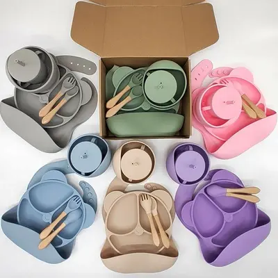 Silikon-Baby-Tischset 6-teilig Silikon-Essteller mit Saugnapf Silikon-Kinder-Essteller mit Saugnapf Schüssel Baby-Zubehör - 2