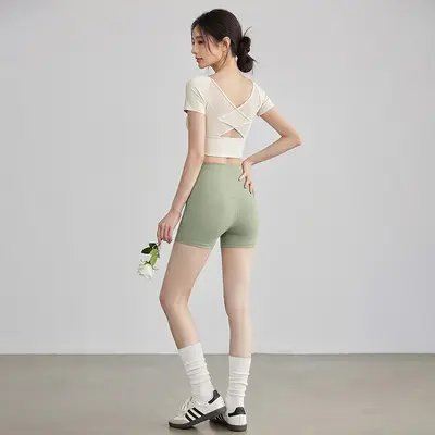 Kadın Kısa Kollu Yoga Üstü, Çapraz Açık Sırt, Mesh Koşu ve Pilates - 12