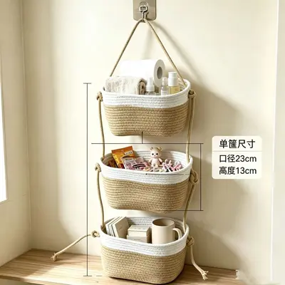 Three-Tier Wall-Mounted Storage Basket with Cotton Rope