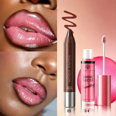 YOUNG VISION 2er Lippen-Make-up-Set, Glitzer-Lipgloss und mattierter Lippenkonturenstift