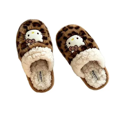 Leopard Print Kitty Fluffy Women's Slippers, Winter, Non-Slip Thick Sole - 6
