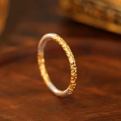 S999 sterling silver flower ring, gold plated, antique - 7
