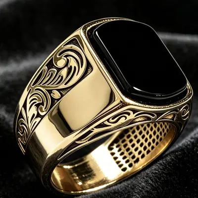 Sanjie Cross-border New Men's Domineering Black Gemstone Ring European and American Carved Filigree Men's Ring Daily Wear - 8