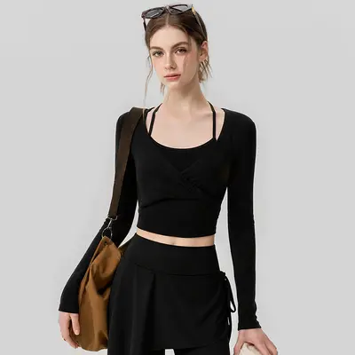 Yoga long sleeve top with halter neck and chest pad - 6