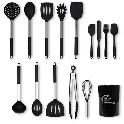 Silikonspatel und Suppenlöffel 15-teiliges Set, Edelstahl-Silikonspatel, Antihaft-Spatel, multifunktionales Küchenutensilien-Haushaltsset