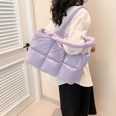 Quilted Padded Women's Underarm Tote Bag with Plaid Pattern - 4