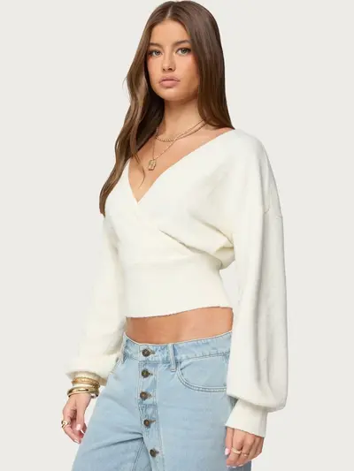 Damen-Strickpullover, langärmlig, V-Ausschnitt, Rückenschnürung, kurz