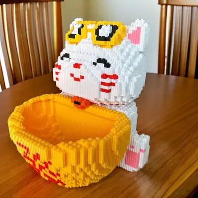 中国风财神爷摆件招财猫存钱罐积木diy益智儿童拼装玩具