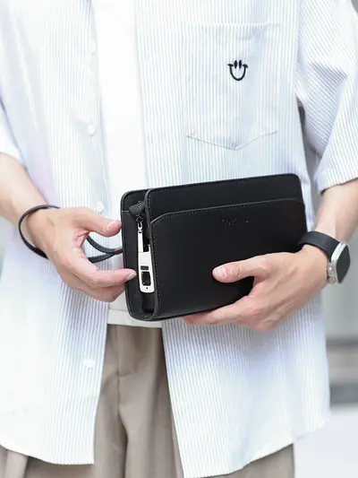 Men's Clutch Bag with Fingerprint Lock, Large Capacity - 3
