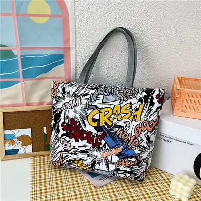 Large Capacity Printed Canvas Shoulder Bag for Women, Korean-Style Tote - 12