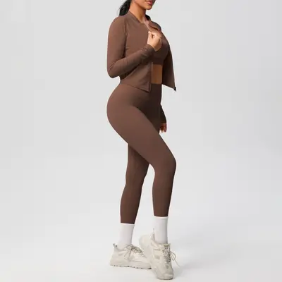 Women's Three-Piece Solid Color Yoga Running Sports Set, Double-Sided Brushed - 4