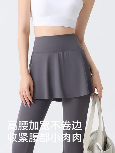 防走光带屁帘瑜伽裤女秋新款外穿高腰收腹微喇假两件运动鲨鱼裤