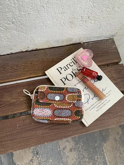 Card holder, coin purse and earphone storage bag, cotton-linen, embroidered - 4