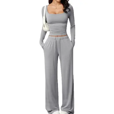 Women's Square-Neck Long-Sleeve Top and Pants Casual Set - 13