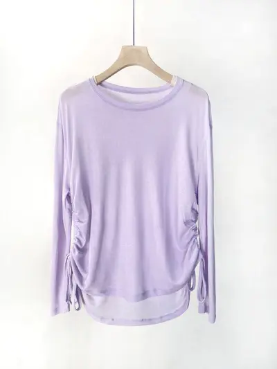 Tencel Ribbed Women's Long-Sleeve Yoga Running Top, Drawstring Loose Fit - 9