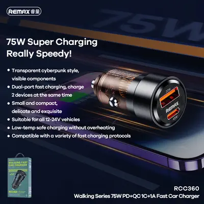 REMAX Xingkong 75W Car Charger, PD45W+QC30W Fast Charging, RCC360