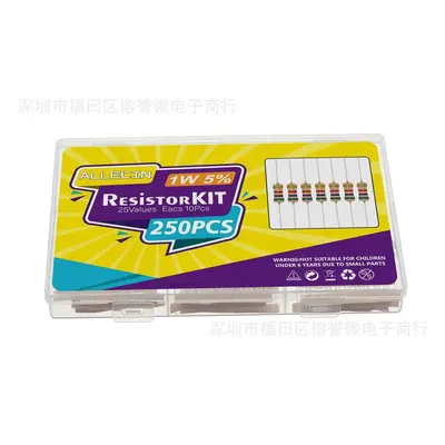 250pcs Carbon Film Resistor Kit, 25 Values, 1/4W 1/2W 1W, 5% Tolerance