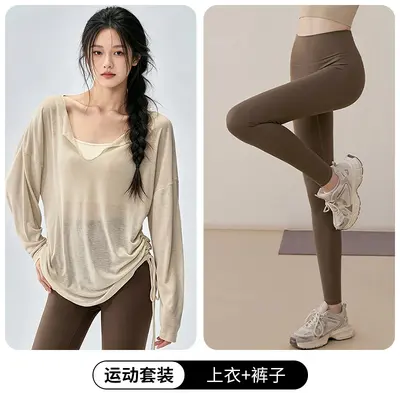 宽松瑜伽服罩衫女V领慵懒风侧边抽绳跑步运动长袖健身服套装上衣 - 11
