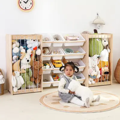 Montessori Solid Wood Children's Toy Storage Rack with Integrated Plush Toy Organizer - 2