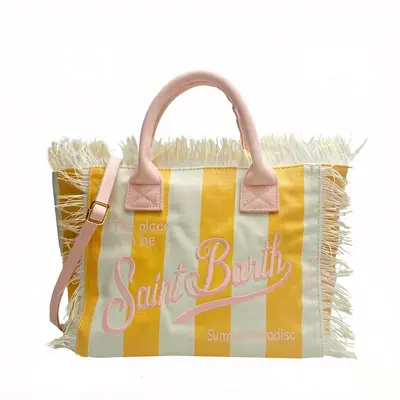 Beach Canvas Tote Bag with Tassel Embroidery, Women's Crossbody