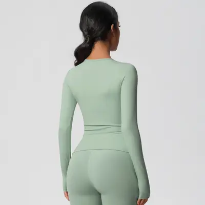 Трансграничная облегающая одежда для йоги с эффектом «второй кожи» и щёточной отделкой, повседневная быстросохнущая спортивная базовая футболка с длинным рукавом, одежда для бега на открытом воздухе и фитнеса - 4