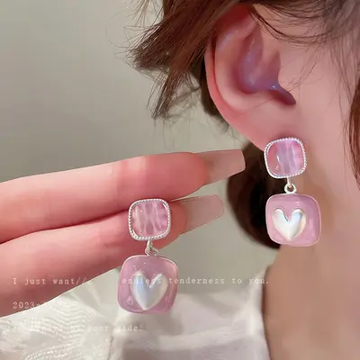 Gümüş iğne pembe kız gibi kalp pilili kalp çiçek kedi gözü inci küpeler moda küpeler üst düzey küpeler