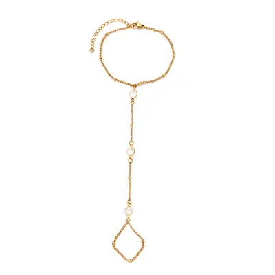 Women's Zircon Ring Connected Long Bracelet, Stainless Steel, Mini Beads