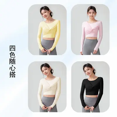 2026春带胸垫瑜伽服上衣女秋冬新款网纱扭结运动长袖跑步 健身衣