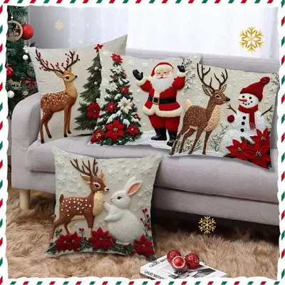 Keten Karikatür Desenli Noel Yastık Kılıfı Sofa Kırlent Kılıfı