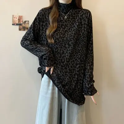 Damen-Langarmshirt mit Leopardenmuster, Halbrollkragen, große Größen, Herbst