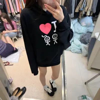 Kadın Kapüşonlu Sweatshirt Kalp Çöp Adam Baskılı Bol Kesim Cepli