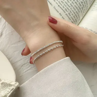 Women's S925 sterling silver Cipso double-layered bracelet, shiny brass grain patterned luxury lightweight jewelry