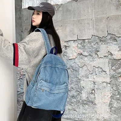 Vintage Washed Denim Backpack with Laptop Compartment - 3