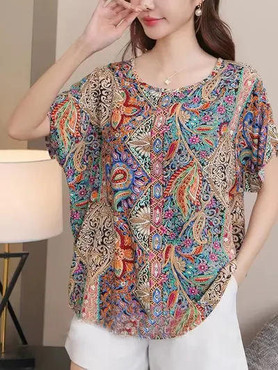 Große Größe Damen-T-Shirt mit Print, kurzarm, locker geschnitten, Viskose-Seidenmischung
