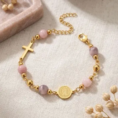 Stainless Steel Round Pendant Cross Tiger's Eye Bracelet for Women