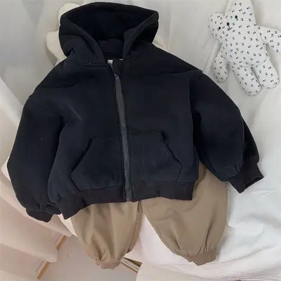 Boys' Hooded Cardigan Sweatshirt, Solid Color Loose Jacket for Spring, Autumn and Winter - 7