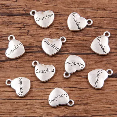 Antique Silver Heart Pendant Charms, Geometric Letters, Angel Wings and Flowers - 11