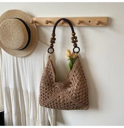 2026 Model Woven Straw Bag with Wooden Beads, Single Shoulder, Large Capacity - 12