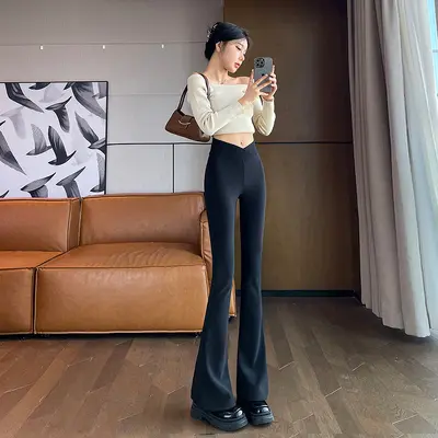 Black Micro Flare Pants, High Waist Stretch, Petite Women's - 7