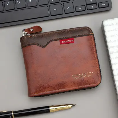 Erkek Kısa Cüzdan, PU Deri, Patchwork Tasarım, Fermuarlı Bozuk Para Bölmeli - 8