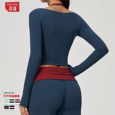 Sahte İki Parça Yoga Üstü, Askılı Halter Yaka, Uzun Kollu, Hızlı Kuruyan - 3