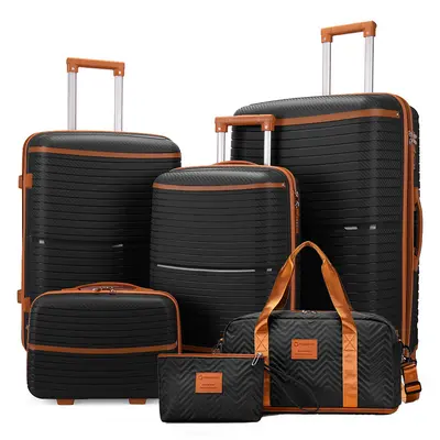 Six-piece PP luggage set including burst-resistant zippered cabin-size suitcase, universal wheels, travel bag, and storage box set for baggage.