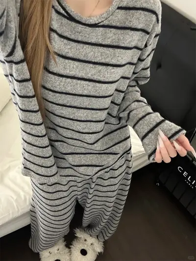 Women's Striped Two-Piece Pajama Set, Autumn Plus Size - 4