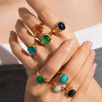 French Style Titanium Steel Women's Ring with Natural Stone, Adjustable